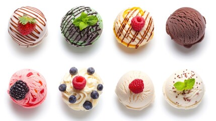 Obraz premium Assorted ice cream scoop balls with fruit toppings isolated on white background cutout, perfect for mockup templates and creative design