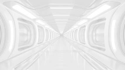  Futuristic white hallway with illuminated walls and ceiling, ideal for sci-fi and high-tech themes