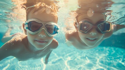 Naklejka premium Two friends diving under water with snorkeling mask, fun in pool 