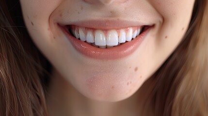 Close-up of a young woman lower face with a satisfied, toothy smile, reflecting the results of dental clinic services, ideal for enamel and whitening promotions