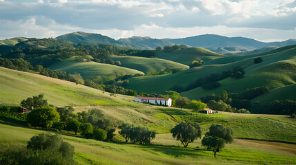 Obraz premium Serenity in nature, rolling green hills create a peaceful countryside landscape under a clear sky.