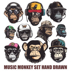 colorful Cool hip hop music monkey set, vector hand drawn illustration
