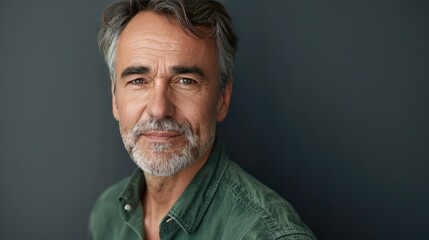 Obraz premium Confident middle-aged businessman in a green shirt, unsmiling, headshot close-up portrait, showcasing a mature executive leader on gray background