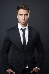 Confident businessman posing stylishly against a dark background, modern and successful professional