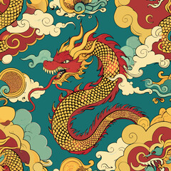 Seamless Vector Background of a Majestic Dragon Weaving Through Swirling Clouds. Perfect for: Chinese New Year, Festivals, Cultural Events