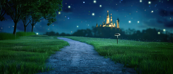 Podium on a Path to a Magical Castle - Craft a scene with an empty podium on a path leading to a majestic, glowing castle in the distance