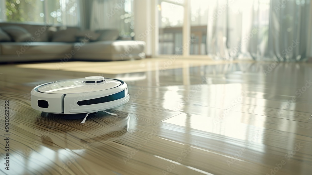 Poster futuristic white robot vacuum cleaner scanning a laminate wood floor, detecting objects and walls to
