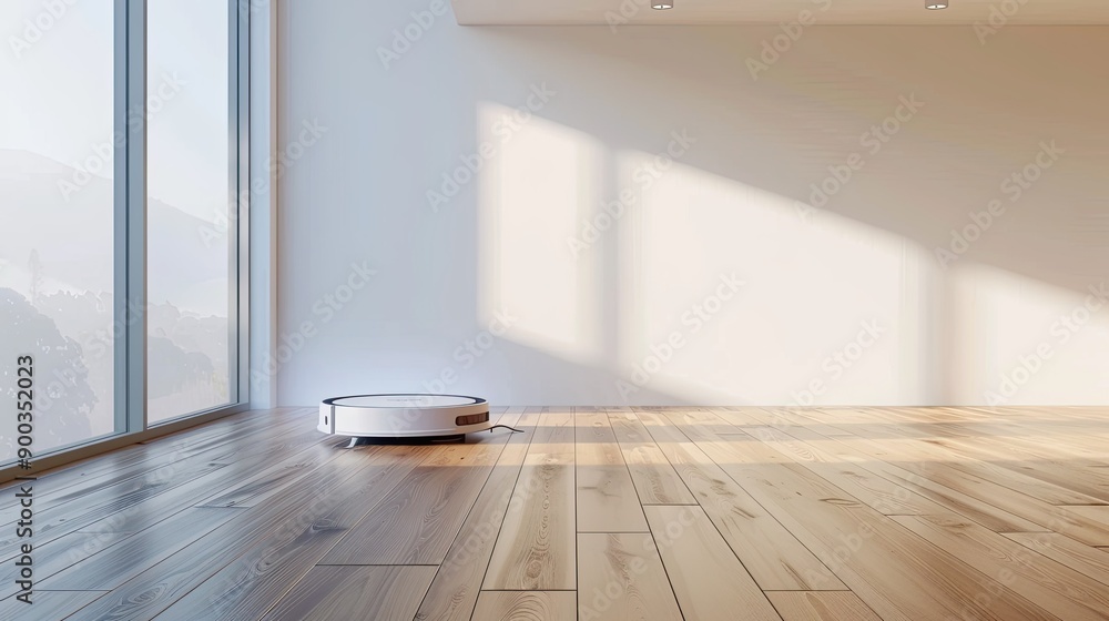 Poster futuristic white robot vacuum cleaner scanning a laminate wood floor, detecting objects and walls to