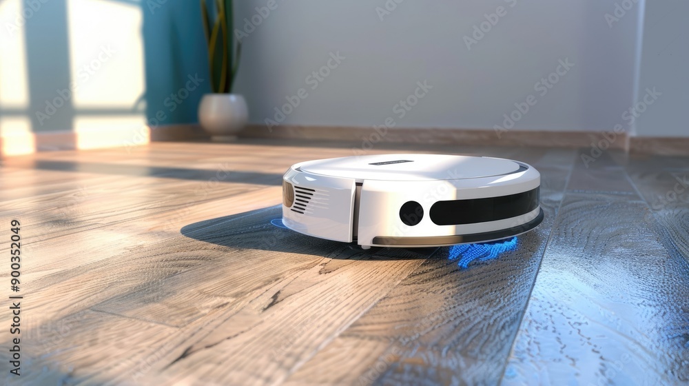Poster futuristic white robot vacuum cleaner scanning a laminate wood floor, detecting objects and walls to
