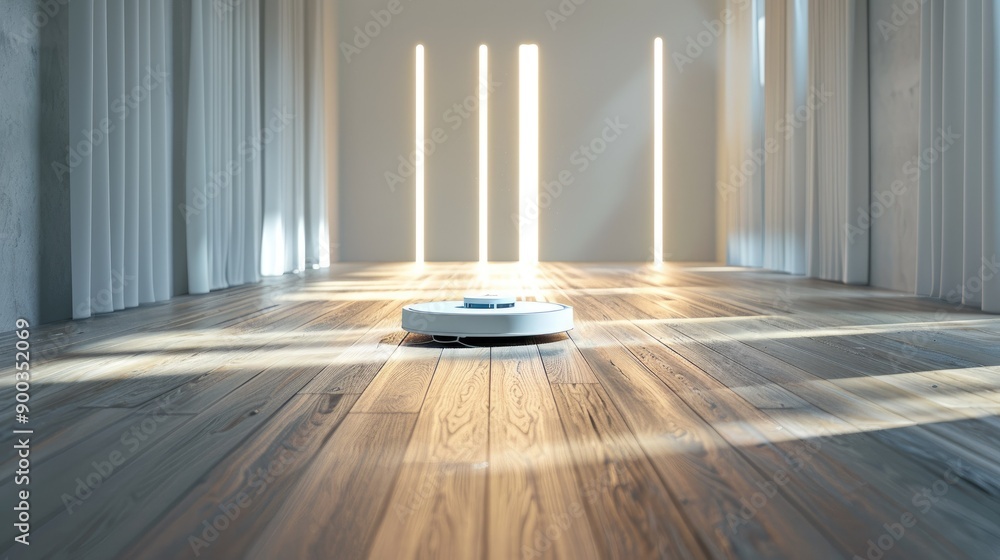 Poster futuristic white robot vacuum cleaner scanning a laminate wood floor, detecting objects and walls to