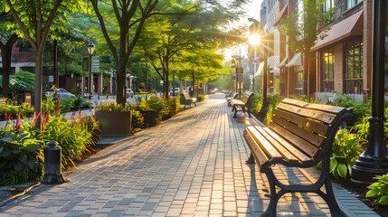 Urban streets lined with benches and trees providing a peaceful atmosphere for pedestrians to enjoy.