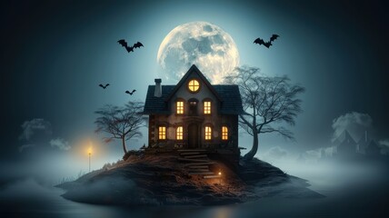 A spooky house under a full moon, surrounded by mist and bats, perfect for Halloween-themed projects and storytelling.