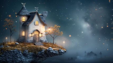 Fototapeta premium A whimsical house on a floating island under a starry sky, evoking a magical and serene atmosphere of fantasy and wonder.