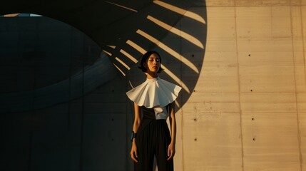 Editorial fashion photo of asian model wearing black and white trendy outfit, sophisticated uniform