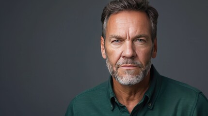 Obraz premium Headshot of a confident middle-aged businessman wearing a green shirt, unsmiling and serious, isolated on gray background, perfect for executive profiles
