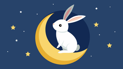 Vector Illustration of a Rabbit Sitting on a Crescent Moon with Starlight. Perfect for: Mid-Autumn Festival, Children's Projects, Festive Decor