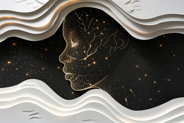 Obraz premium Intricate golden face profile amidst wavy layers elegant and futuristic design sophisticated patterns golden tones abstract portrait conceptual art