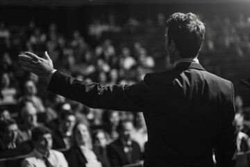 Charismatic speaker captivating audience with gestures and words