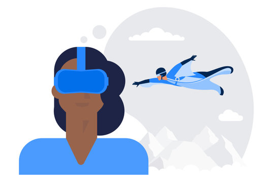 Woman in vr headset seeing a flying man
