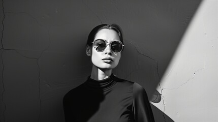 Black and white portrait of serious stylish young woman in sun glasses outside on simple background