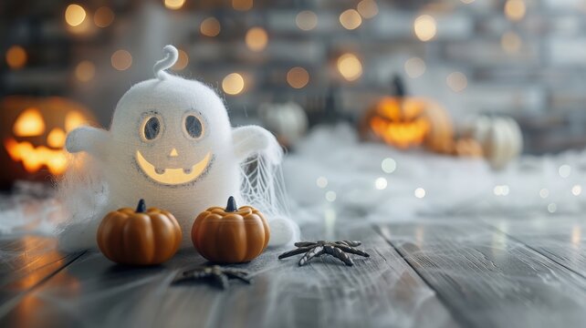 Charming Halloween scene featuring a cute ghost candle surrounded by festive pumpkins and decorative elements.
