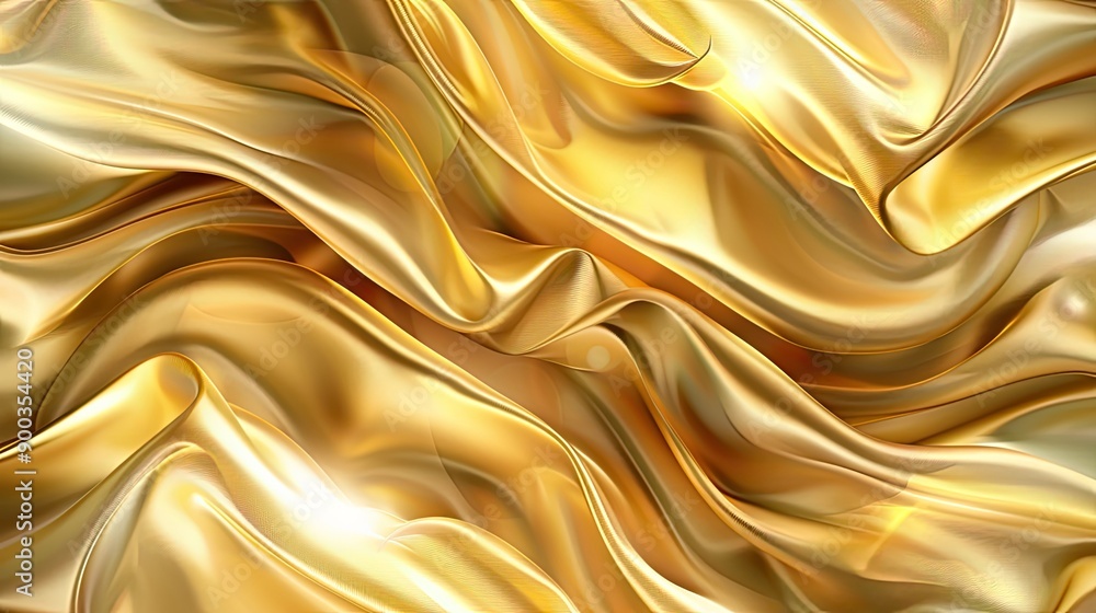 Poster luxury golden silk background with flowing waves and light effects, ideal for abstract design elemen