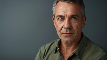 Fototapeta premium Mature business leader in a green shirt, serious and confident expression, headshot close-up against a gray background, ideal for professional profiles