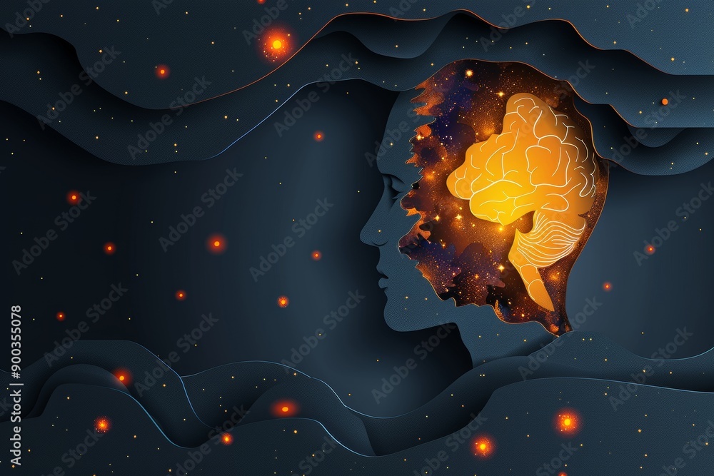 Poster fiery brain profile within dark abstract layers warm and cool contrast glowing effect conceptual sha