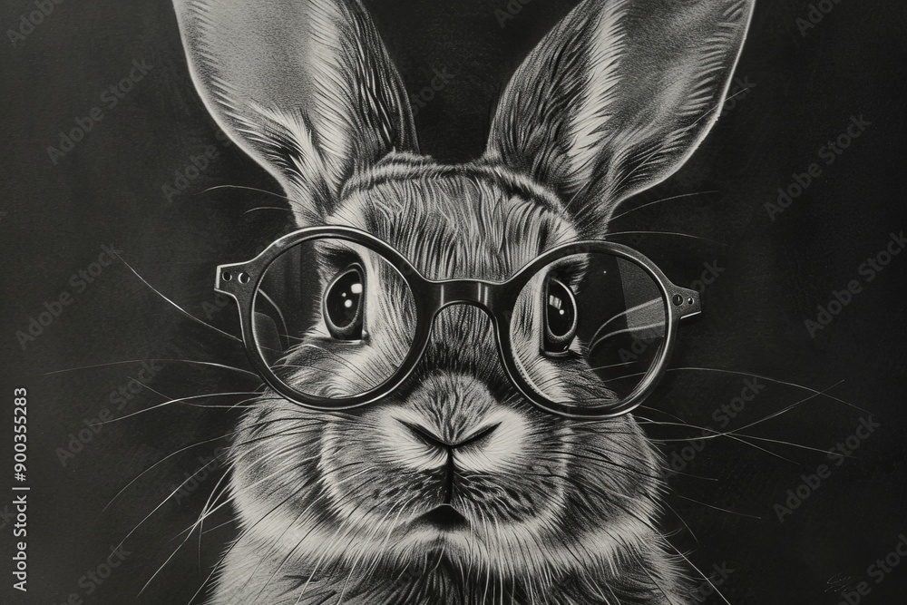 Wall mural 2d bunny with huge glasses portrait face drawing