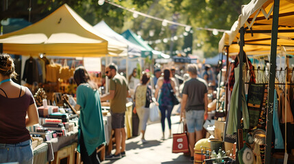 An outdoor flea market with colorful tents and a variety of goods for sale.