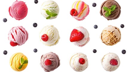Variety of ice cream scoops with fruit toppings on white background cutout, ideal for artwork mockups and flavor design templates
