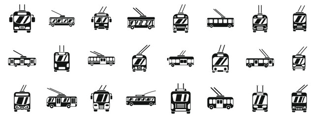Trolleybus icons set. City trolleybuses driving on electricity, ecological urban transportation