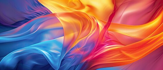 Vibrant and colorful abstract silk waves creating a beautiful blend of blue, orange, and pink shades, ideal for creative design projects.