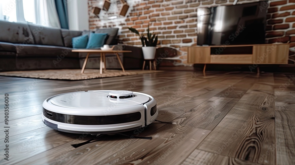 Poster white robotic vacuum cleaner on laminate wood floor, utilizing sensors to recognize walls and object
