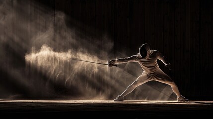 A man is fencing with a sword in a dark room