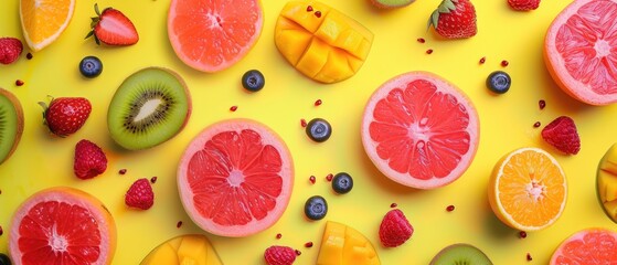 Colorful and fresh tropical fruits including grapefruit, kiwi, strawberries, mango, and blueberries on a bright yellow background.