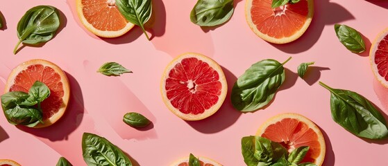 Flat lay of grapefruit slices and green leaves on a pink background, showcasing a fresh and vibrant composition for healthy living concepts.