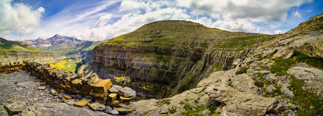 Spectacular panoramic view of the Spanish Pyrenees in the summer season, Ordesa Valley and Monte Perdido.