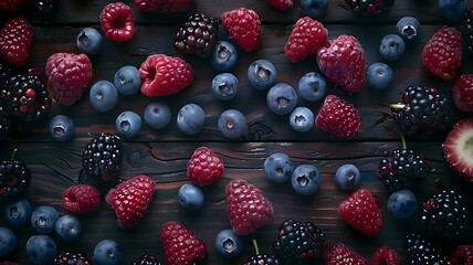  Freshly picked strawberries, blueberries, raspberries, and blackberries arranged on a rustic wooden board, emphasizing their freshness. . 
