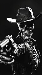 Obraz premium A black and white high contrast image of a skeleton cowboy pointing a revolver at the viewer