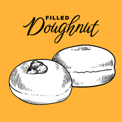 Hand drawn vector donuts with fruit filling. Round doughnuts fresh out of the oven! Easy to edit and use vector food assets. Black outline, white fill in separate groups.