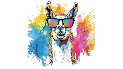 Fototapeta premium A cartoon style животное wearing sunglasses with a happy expression is depicted in a colorful ink painting style against a white background with clean lines and simple strokes. Generated AI