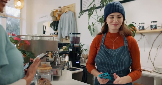 Woman, cashier and pos payment in cafe for coffee purchase, transaction or scanning mobile. Service, barista and customer at restaurant for bill, nfc machine or point of sale with smartphone
