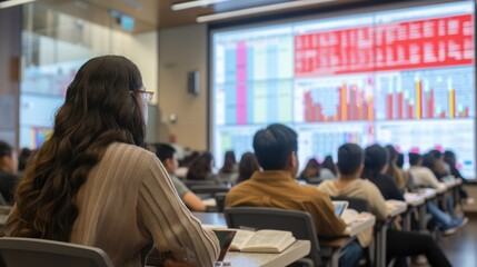 Students seated in a classroom facing a large screen presentation - education - training - seminar