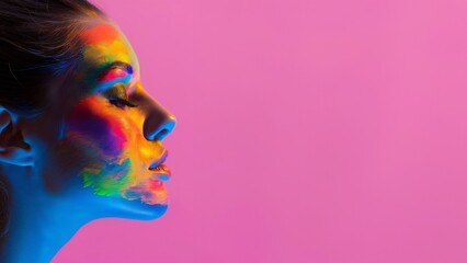 Fototapeta premium Gesichtsaufnahme mit Pinsel Farben einer Frau im künstlerischen Farbenfrohen Stil