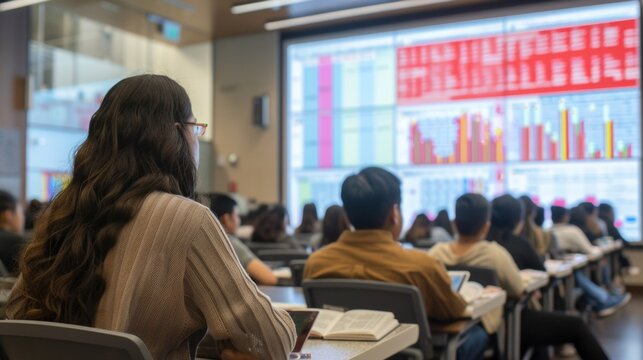 Students seated in a classroom facing a large screen presentation - education - training - seminar