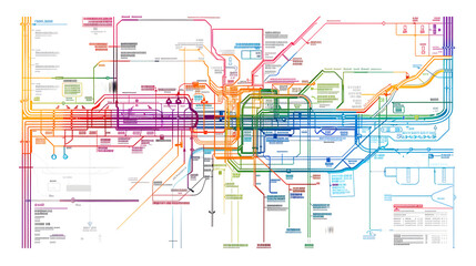 Transit map in minimalistic style with vibrant colors showing various routes and stops clearly.