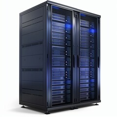 High-tech server rack with blue lights, white background, for data centers, realistic rendering, high resolution.