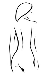 Silhouette of a naked female body, black and white sketch with lines