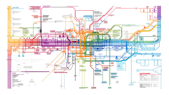 Transit map in minimalistic style with vibrant colors showing various routes and stops clearly.